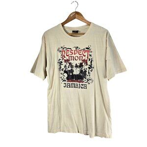 Red Stripe T-Shirt Beige XL Jamaica -Respect Mon- Vaca Casual Vtg Short Sleeve